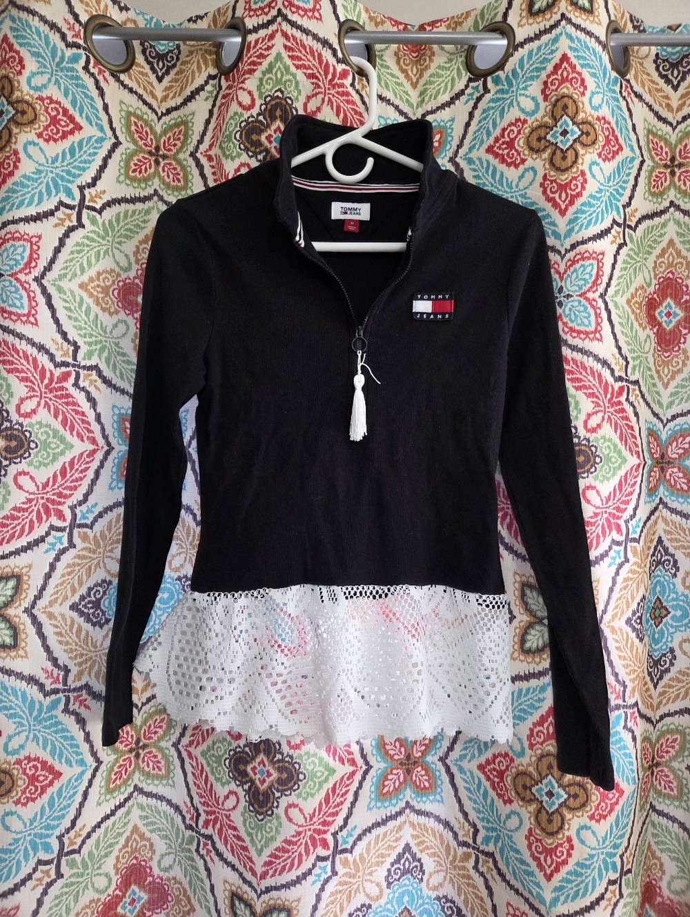 Curated Chaos By Chan - Tommy Jeans Black Quarter-Zip Top with White Eyelet Hem